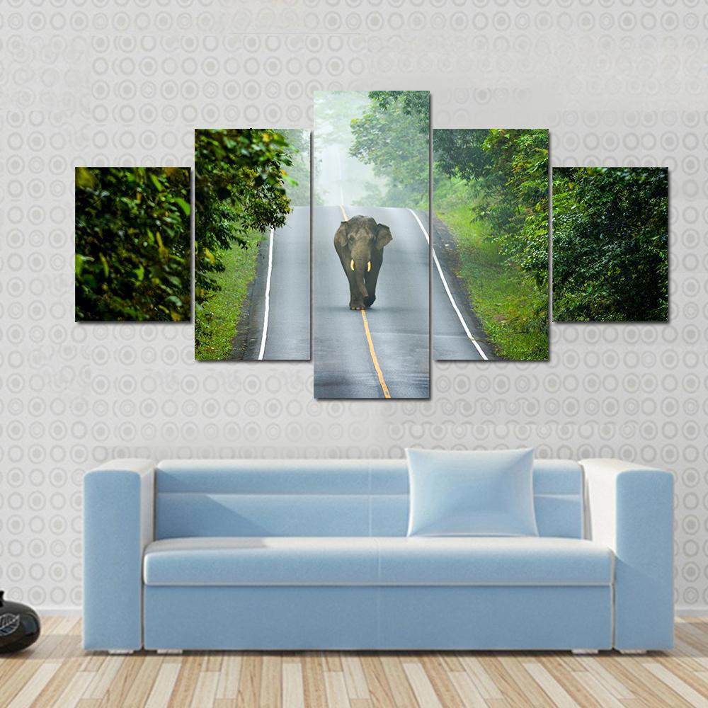 Elephant On The Road - Animal 5 Panel Canvas Art Wall Decor Elephant On The Road - Animal 5 Panel Canvas Art Wall Decor