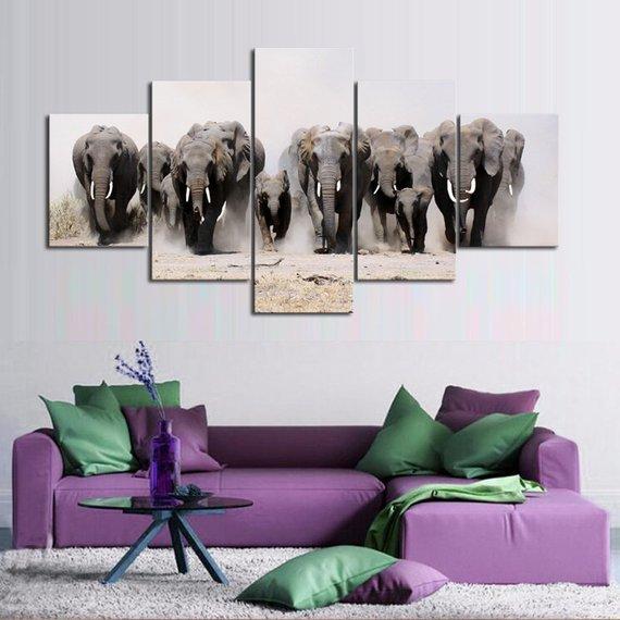 Elephant Rush - Animal 5 Panel Canvas Art Wall Decor Elephant Rush - Animal 5 Panel Canvas Art Wall Decor