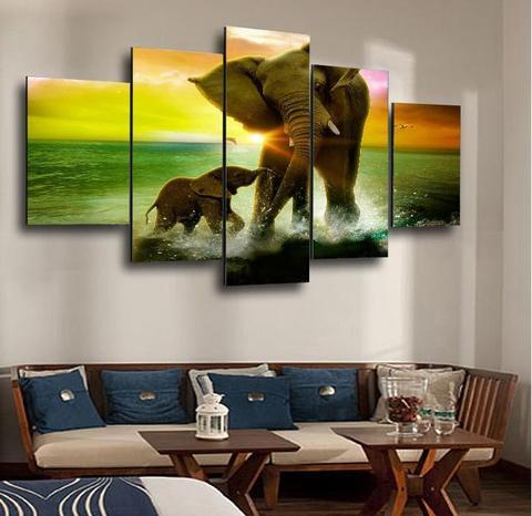 Elephant Sunrise - Animal 5 Panel Canvas Art Wall Decor Elephant Sunrise - Animal 5 Panel Canvas Art Wall Decor