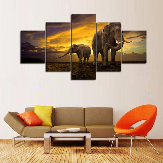 Elephant Sunset 02 - Animal 5 Panel Canvas Art Wall Decor Elephant Sunset 02 - Animal 5 Panel Canvas Art Wall Decor