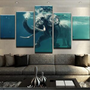 Elephant Swimming - Animal 5 Panel Canvas Art Wall Decor