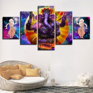 Elephant Trunk God Ganesha - Religion 5 Panel Canvas Art Wall Decor