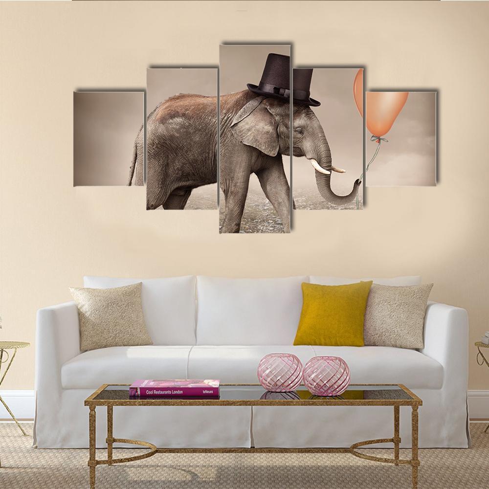 Elephant With A Orange Balloon - Animal 5 Panel Canvas Art Wall Decor Elephant With A Orange Balloon - Animal 5 Panel Canvas Art Wall Decor