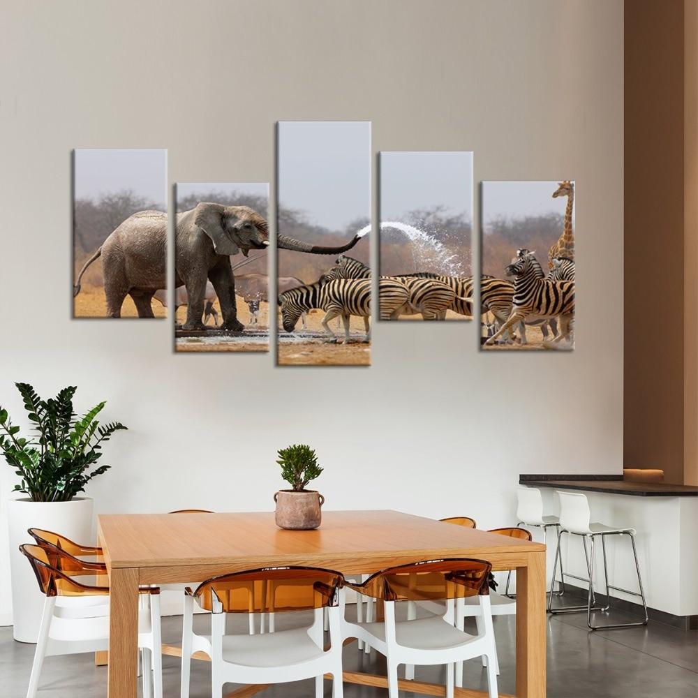 Elephant Zebra Giraffe - Animal 5 Panel Canvas Art Wall Decor Elephant Zebra Giraffe - Animal 5 Panel Canvas Art Wall Decor