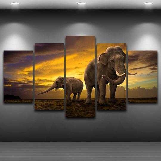Elephants Grazing - Animal 5 Panel Canvas Art Wall Decor Elephants Grazing - Animal 5 Panel Canvas Art Wall Decor