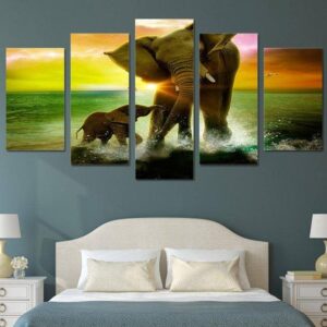 Elephants Sunset 3 - Animal 5 Panel Canvas Art Wall Decor