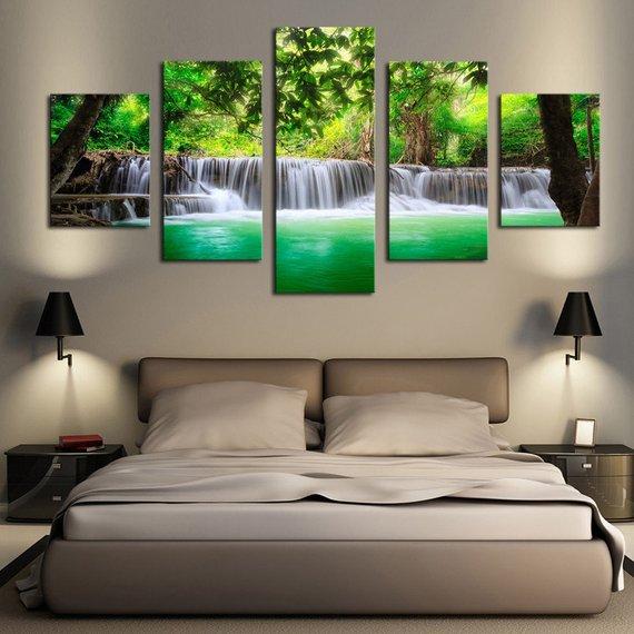 Emerald Waterfall 01 - Nature 5 Panel Canvas Art Wall Decor Emerald Waterfall 01 - Nature 5 Panel Canvas Art Wall Decor