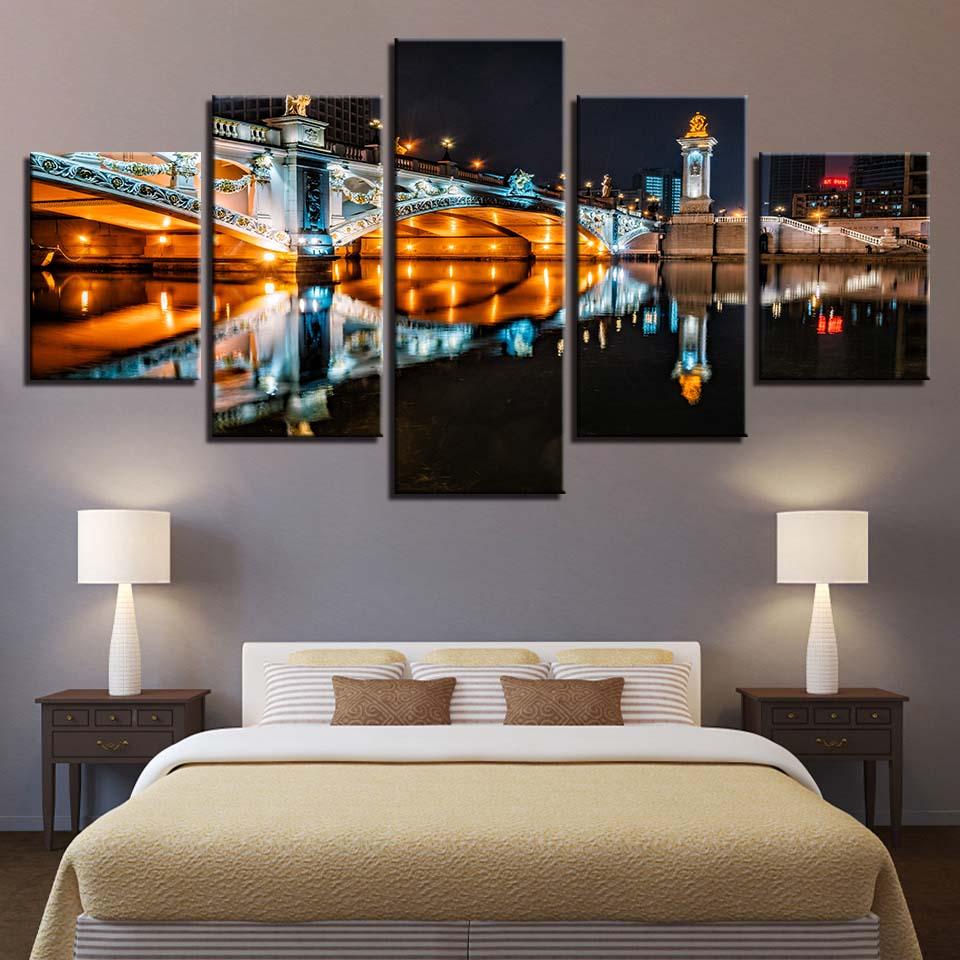European Building Bridge Night Scene - Nature 5 Panel Canvas Art Wall Decor European Building Bridge Night Scene - Nature 5 Panel Canvas Art Wall Decor