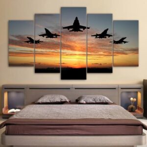 F-16 Formation At Sunset - Aircraft 5 Panel Canvas Art Wall Decor