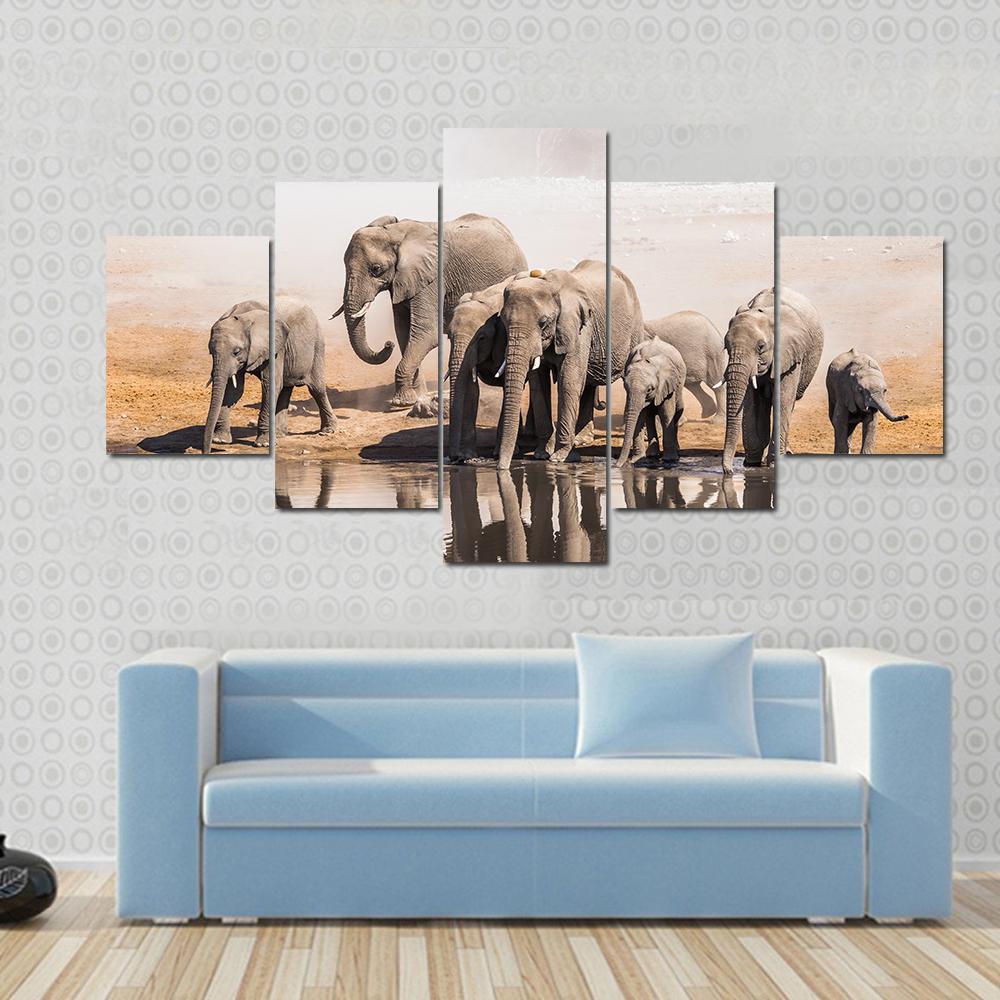 Family Of African Elephants - Animal 5 Panel Canvas Art Wall Decor Family Of African Elephants - Animal 5 Panel Canvas Art Wall Decor