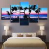 Fan Palm On The Beach Colorful Rainbow Sunset - Ocean 5 Panel Canvas Art Wall Decor