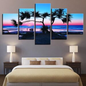 Fan Palm On The Beach Colorful Rainbow Sunset - Ocean 5 Panel Canvas Art Wall Decor