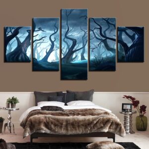 Fantasy Dead Forest Night With Trees - Nature 5 Panel Canvas Art Wall Decor
