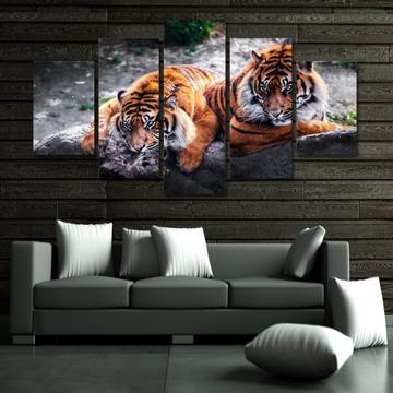 Feasting Tigers - Animal 5 Panel Canvas Art Wall Decor Feasting Tigers - Animal 5 Panel Canvas Art Wall Decor