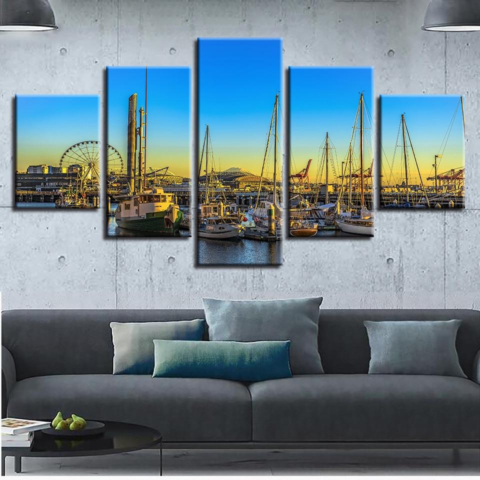Ferris Wheel And Ship Harbor - Nature 5 Panel Canvas Art Wall Decor Ferris Wheel And Ship Harbor - Nature 5 Panel Canvas Art Wall Decor