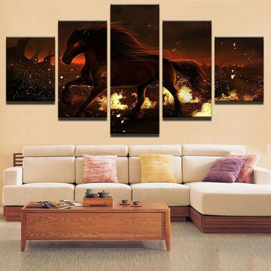Fire Horses Running Fantasy Painting - Animal 5 Panel Canvas Art Wall Decor Fire Horses Running Fantasy Painting - Animal 5 Panel Canvas Art Wall Decor