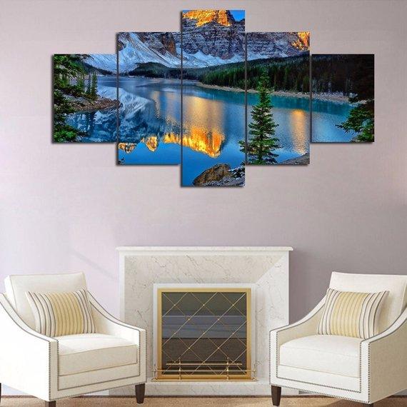 Fire Mountain Lake 01 - Nature 5 Panel Canvas Art Wall Decor Fire Mountain Lake 01 - Nature 5 Panel Canvas Art Wall Decor