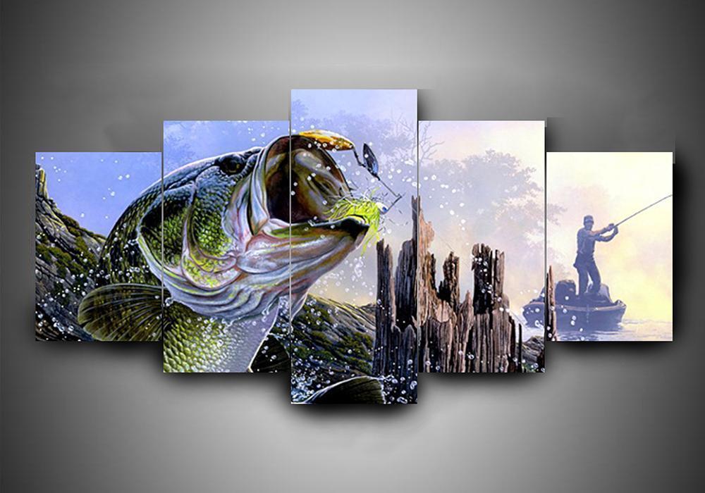 Fishing 3 - Fishing 5 Panel Canvas Art Wall Decor Fishing 3 - Fishing 5 Panel Canvas Art Wall Decor