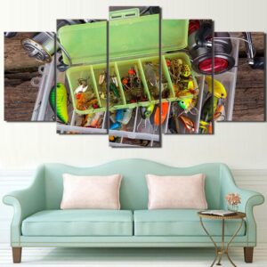 Fishing Hooks Rods - Fishing 5 Panel Canvas Art Wall Decor