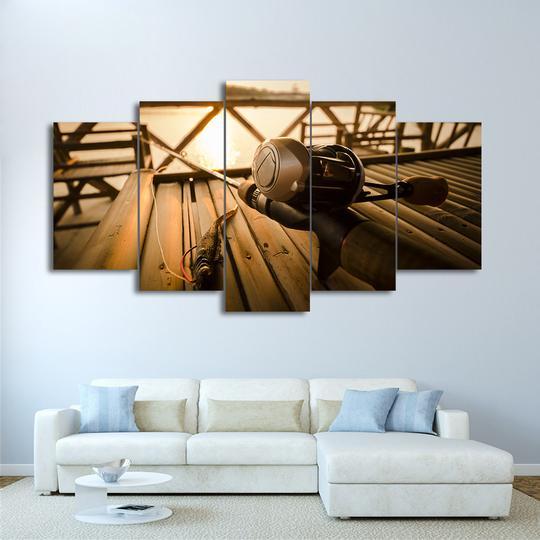 Fishing Spinning Baitcasting Rod And Reel On The Dock - Fishing 5 Panel Canvas Art Wall Decor Fishing Spinning Baitcasting Rod And Reel On The Dock - Fishing 5 Panel Canvas Art Wall Decor