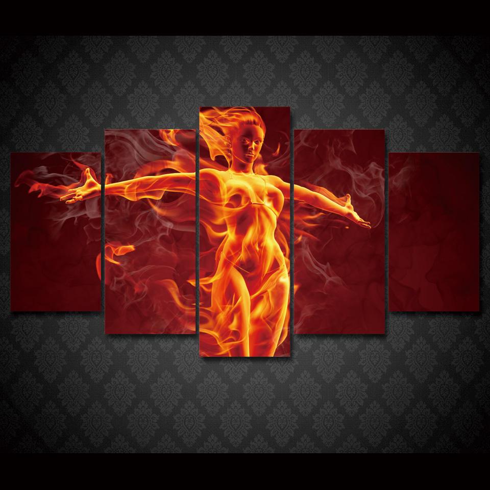 Flame Girl - Abstract 5 Panel Canvas Art Wall Decor Flame Girl - Abstract 5 Panel Canvas Art Wall Decor