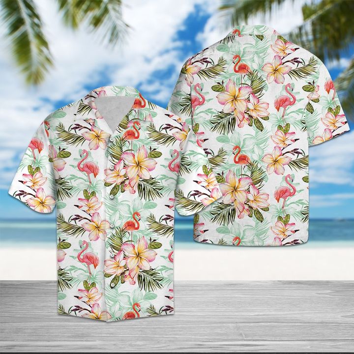 Flamingo Frangipani Flower Hawaiian Shirt Summer Button Up Flamingo Frangipani Flower Hawaiian Shirt Summer Button Up