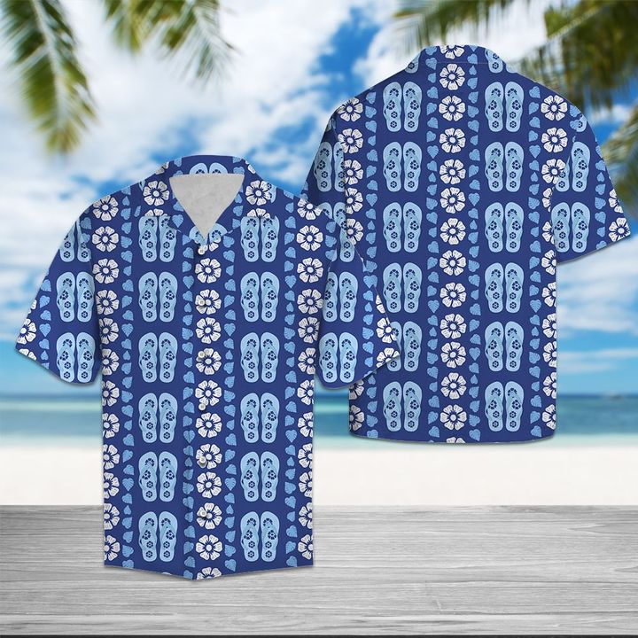 Flipflops Blue Floral Hawaiian Shirt Summer Button Up Flipflops Blue Floral Hawaiian Shirt Summer Button Up