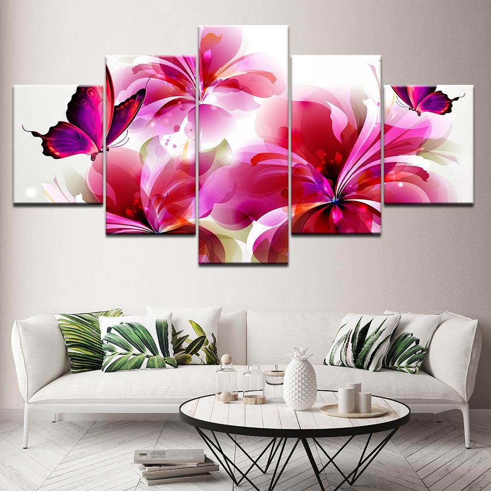Flower And Butterfly Watercolor - Nature 5 Panel Canvas Art Wall Decor Flower And Butterfly Watercolor - Nature 5 Panel Canvas Art Wall Decor