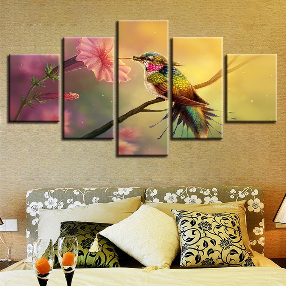 Flower And Parrot Standing On The Branch - Animal 5 Panel Canvas Art Wall Decor Flower And Parrot Standing On The Branch - Animal 5 Panel Canvas Art Wall Decor