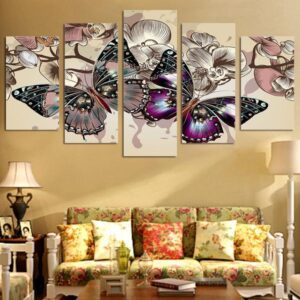 Flower Butterfly Butterflies - Animal 5 Panel Canvas Art Wall Decor