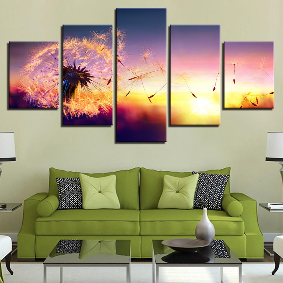Flower Dandelion In Sunset - Nature 5 Panel Canvas Art Wall Decor Flower Dandelion In Sunset - Nature 5 Panel Canvas Art Wall Decor