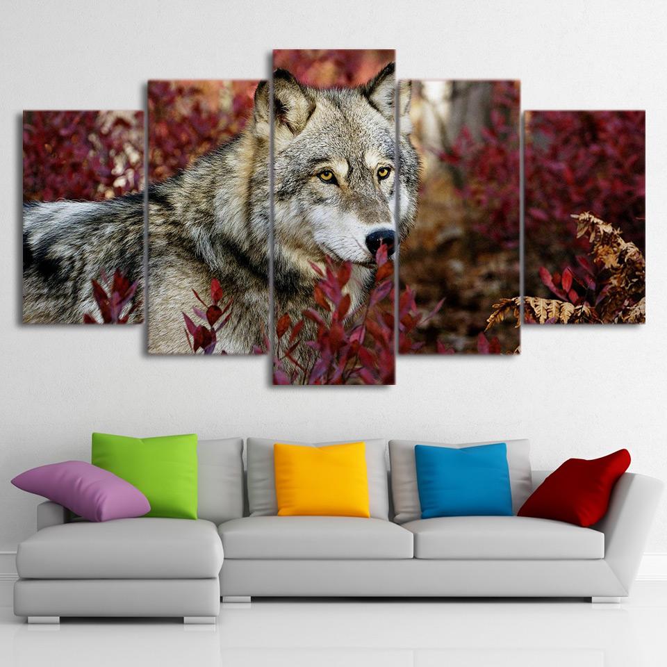 Flower Forest Nature Wolves - Animal 5 Panel Canvas Art Wall Decor Flower Forest Nature Wolves - Animal 5 Panel Canvas Art Wall Decor