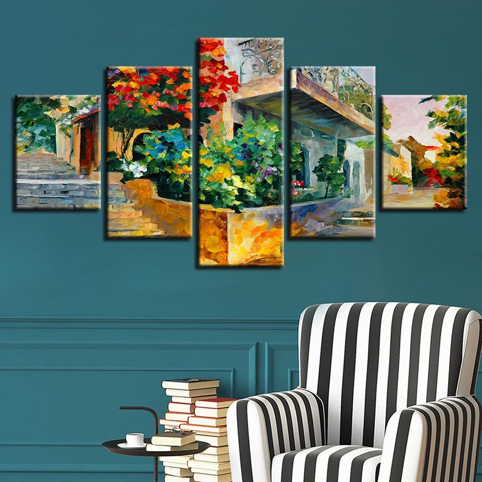 Flower Tree And House - Abstract 5 Panel Canvas Art Wall Decor Flower Tree And House - Abstract 5 Panel Canvas Art Wall Decor