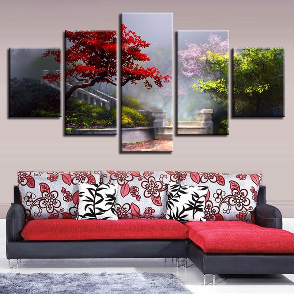 Flowers Grass Trees Garden - Nature 5 Panel Canvas Art Wall Decor Flowers Grass Trees Garden - Nature 5 Panel Canvas Art Wall Decor