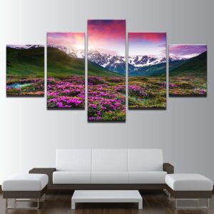 Flowers Snow Mountains And Plains Landscape - Nature 5 Panel Canvas Art Wall Decor