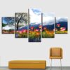 Flowers Tree Mountain And White - Nature 5 Panel Canvas Art Wall Decor