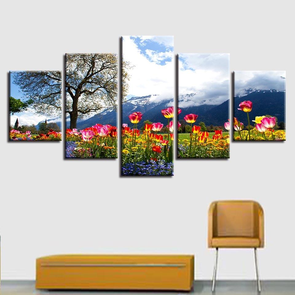 Flowers Tree Mountain And White - Nature 5 Panel Canvas Art Wall Decor Flowers Tree Mountain And White - Nature 5 Panel Canvas Art Wall Decor