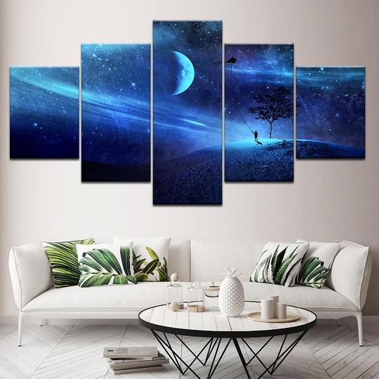 Flying Kite Starry Night Fantasy - Abstract 5 Panel Canvas Art Wall Decor Flying Kite Starry Night Fantasy - Abstract 5 Panel Canvas Art Wall Decor
