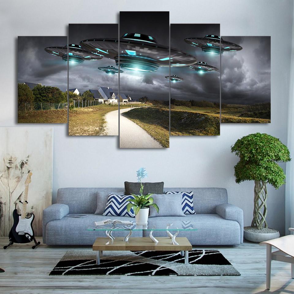 Flying UFO Dark Sky - Abstract 5 Panel Canvas Art Wall Decor Flying UFO Dark Sky - Abstract 5 Panel Canvas Art Wall Decor