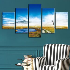 Footpath Mountain And Blue Sky White Cloud - Nature 5 Panel Canvas Art Wall Decor