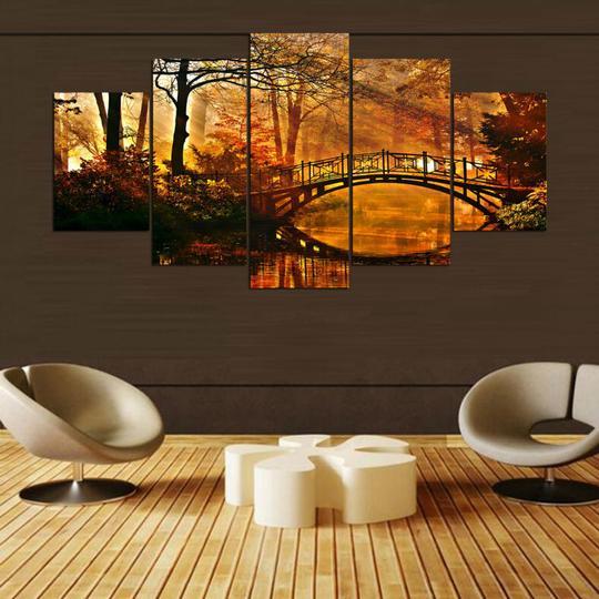 Forest Bridge In Fall - Nature 5 Panel Canvas Art Wall Decor Forest Bridge In Fall - Nature 5 Panel Canvas Art Wall Decor