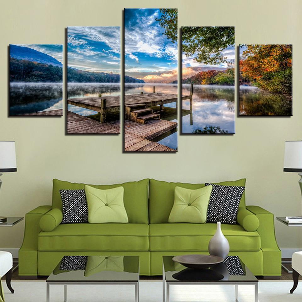 Forest Bridge Stand Lake Early Morning Scenery - Nature 5 Panel Canvas Art Wall Decor Forest Bridge Stand Lake Early Morning Scenery - Nature 5 Panel Canvas Art Wall Decor