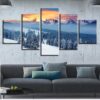 Forest Mountain Sunset Snow - Nature 5 Panel Canvas Art Wall Decor