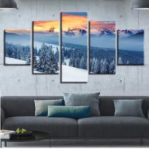 Forest Mountain Sunset Snow - Nature 5 Panel Canvas Art Wall Decor