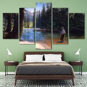 Forest River And Fishing - Fishing 5 Panel Canvas Art Wall Decor