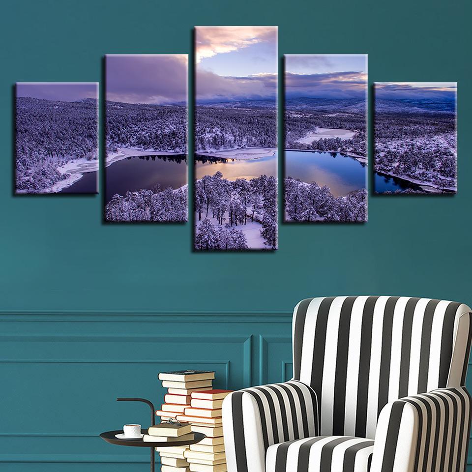 Forest River Snow - Nature 5 Panel Canvas Art Wall Decor Forest River Snow - Nature 5 Panel Canvas Art Wall Decor