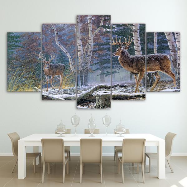Forest Trees With Two Antelope Deer - Animal 5 Panel Canvas Art Wall Decor Forest Trees With Two Antelope Deer - Animal 5 Panel Canvas Art Wall Decor