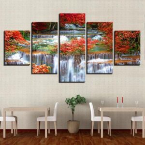 Forest Waterfall In Autumn - Nature 5 Panel Canvas Art Wall Decor