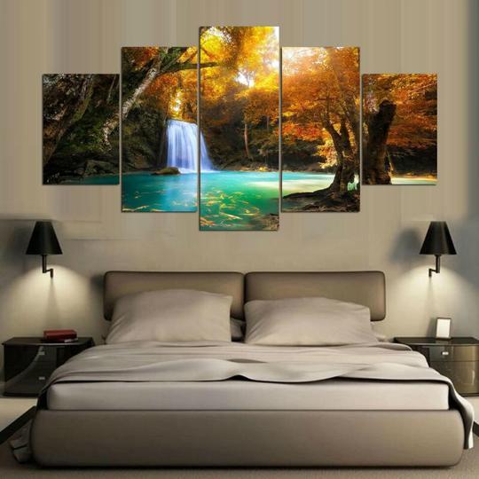 Forest Waterfall - Nature 5 Panel Canvas Art Wall Decor Forest Waterfall - Nature 5 Panel Canvas Art Wall Decor