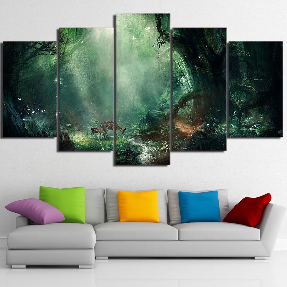 Fresh Magic Forest Deers - Abstract Nature 5 Panel Canvas Art Wall Decor Fresh Magic Forest Deers - Abstract Nature 5 Panel Canvas Art Wall Decor